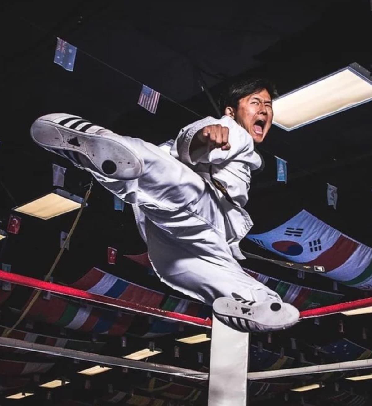 Master John Choi performing a flying side kick
